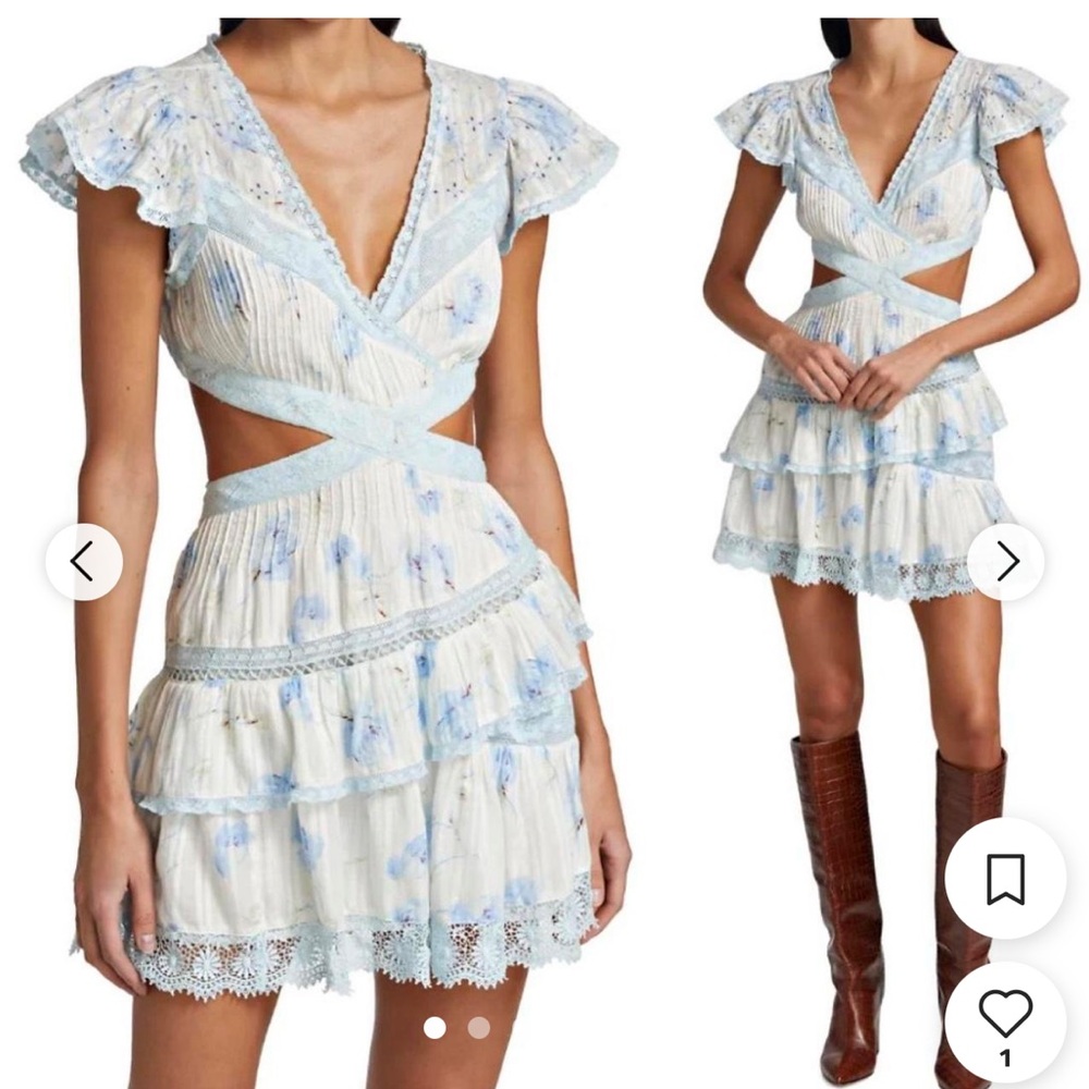 LoveShackFancy Light Blue Floral Ruffle Cutout Mini Dress